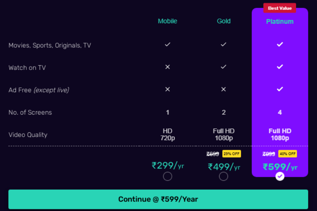 Voot Subscription Plan for TV 2023